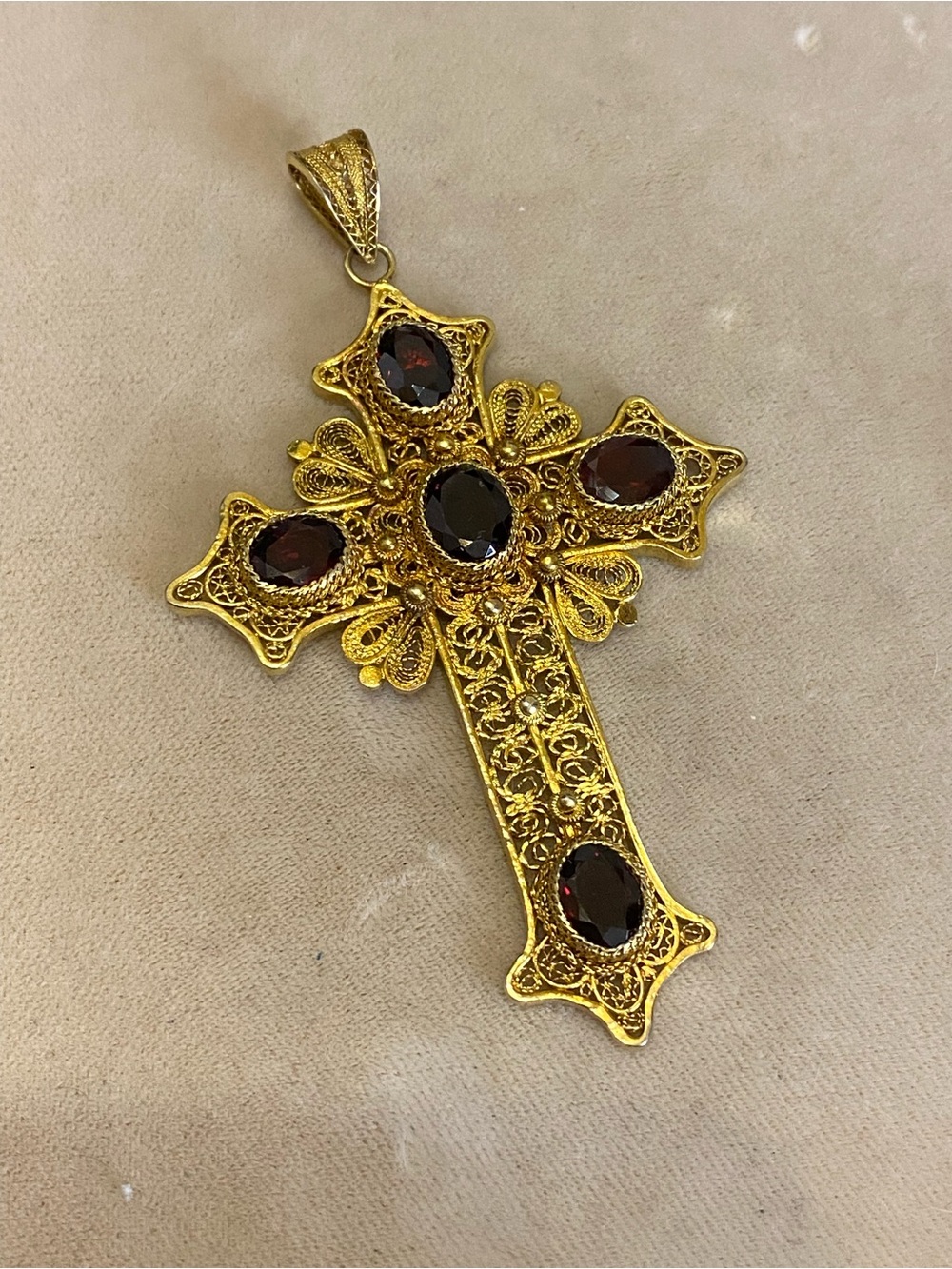 Vintage Gilt Sterling Silver Red Garnet Large Cross Pendant 925 - Picture 2 of 15